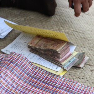 A village organization member pays her instalment with small bills