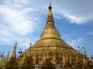 The famous 110 meter tall Shwedagon Pagoda in Yangon, which is said to enshrine strands of Buddha’s hair.